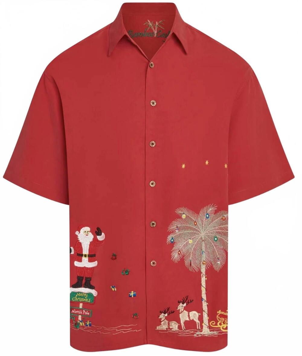 NEW BAMBOO CAY men's merry christmas embroidered shirt in red